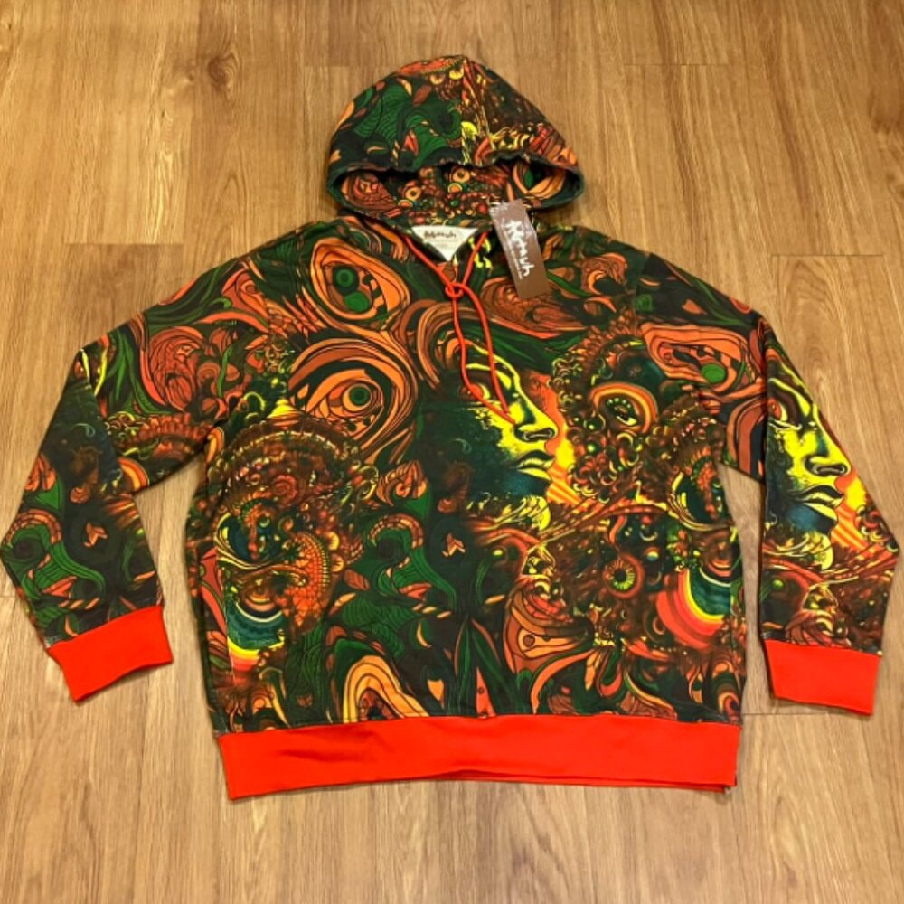 AGTAWH Men French Terry Motif Print Hoodie Multicolor Size M